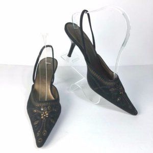 PIERRE DUMAS Embroidered Fabric Black & Gold Luca Heels Shoes Slingbacks 6.5